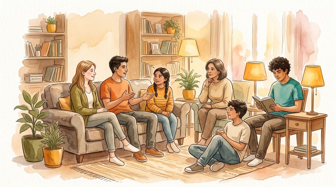 Grupo en un taller, estilo ilustrado